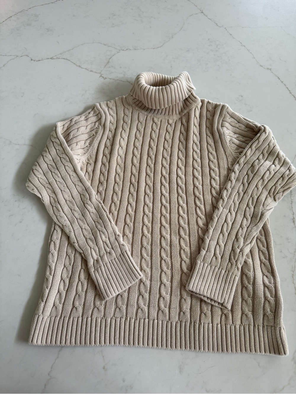 L.L.Bean 100% Cotton Cable Knit Turtleneck Sweater Cream Size L